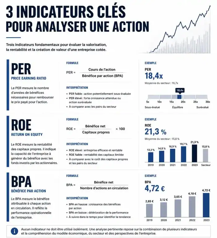 Infographie des indicateurs financiers pour choisir la meilleure action en bourse