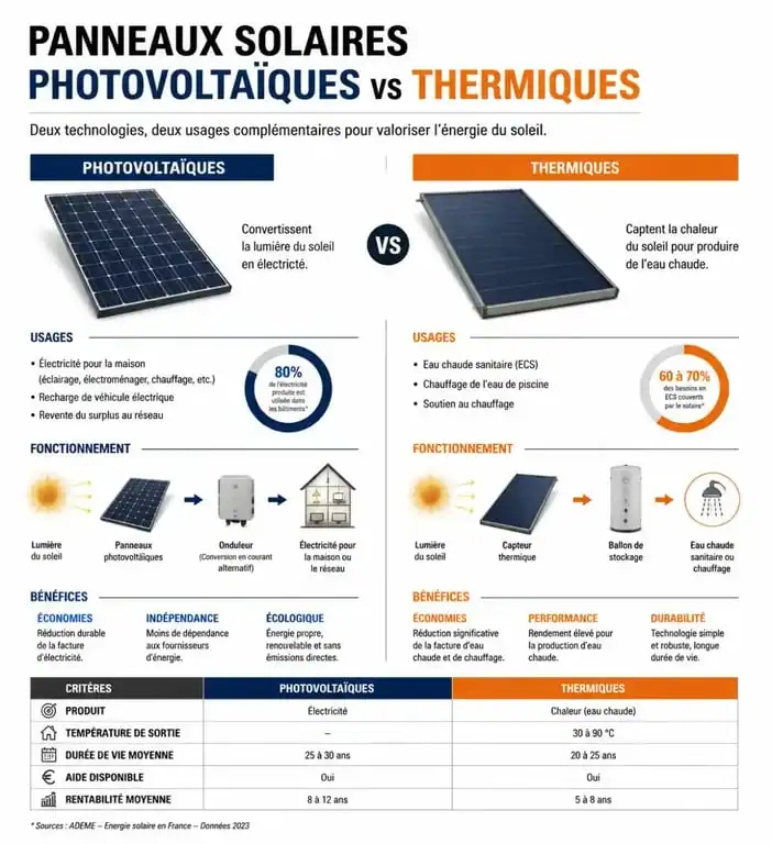 Infographie comparative entre panneaux solaires photovoltaïques et thermiques pour comprendre à quoi sert un panneau solaire