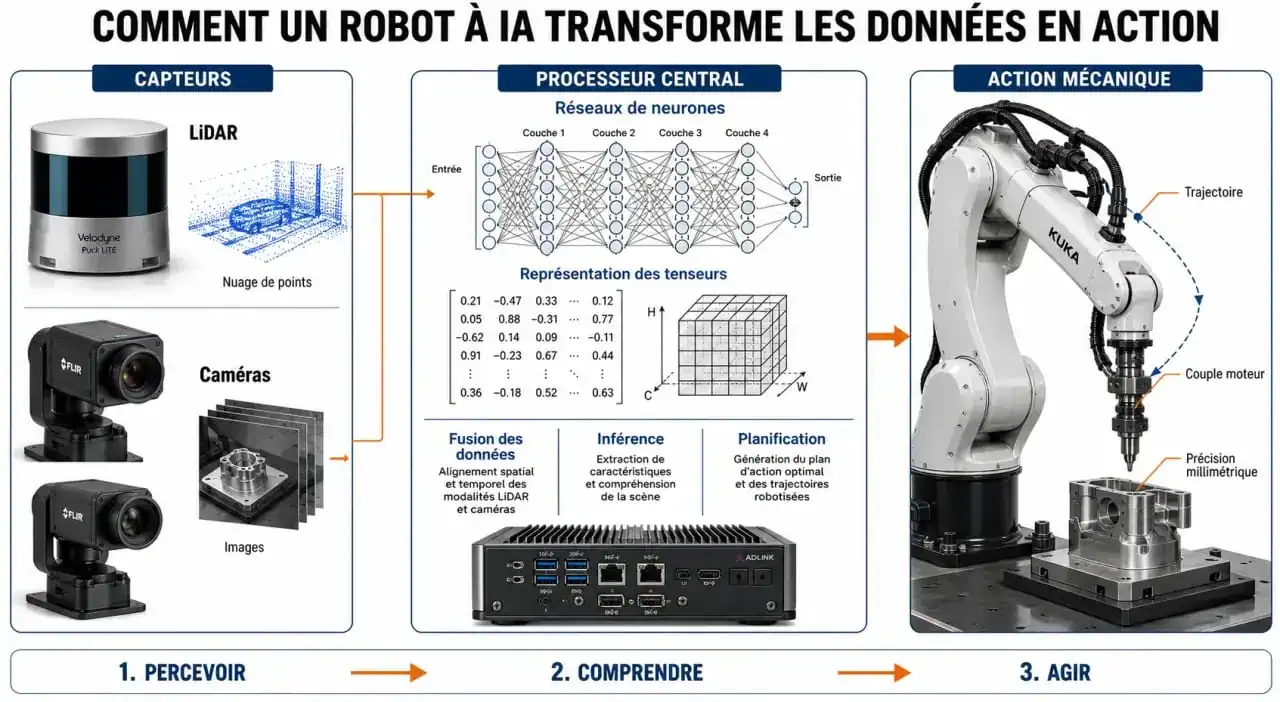 Schéma explicatif du fonctionnement d'un robot intelligence artificielle : capteurs, traitement par IA et action mécanique.