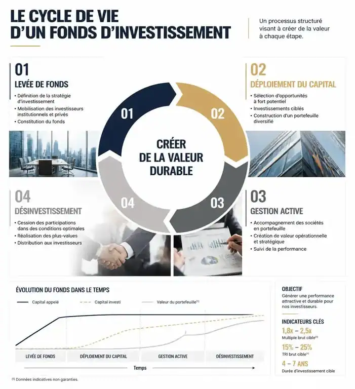 Schéma du cycle de vie d'un fonds d'investissement et gestion de fonds