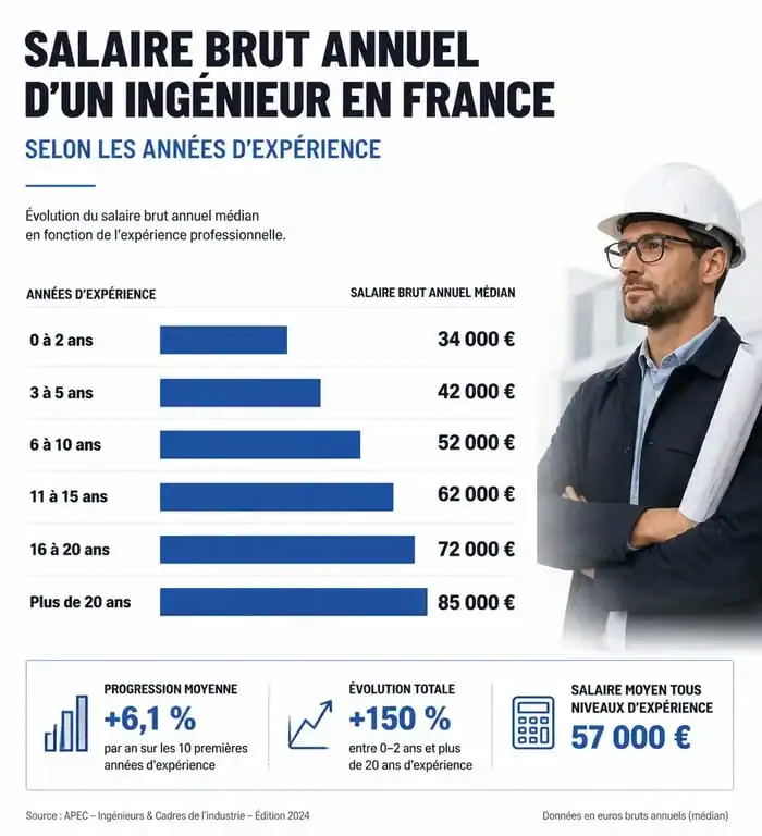 Évolution du salaire brut annuel d'un ingénieur en France selon l'expérience