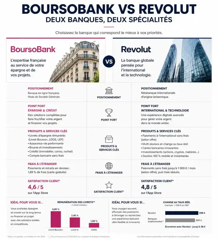 Infographie comparative entre BoursoBank ou Revolut pour choisir sa banque en ligne