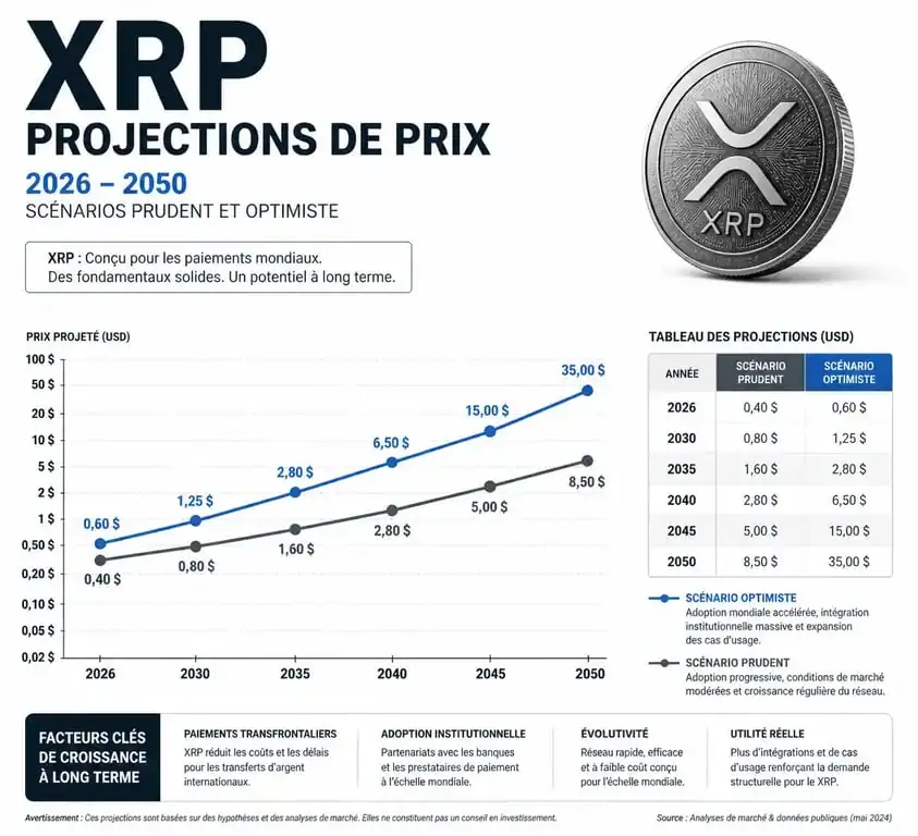 Graphique des prévisions de prix du XRP pour l'avenir, illustrant les scénarios de croissance à long terme.
