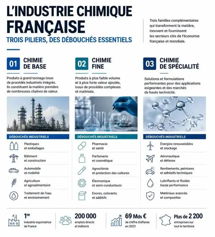 Infographie sur la structuration et les secteurs d'activité des entreprises de chimie en France