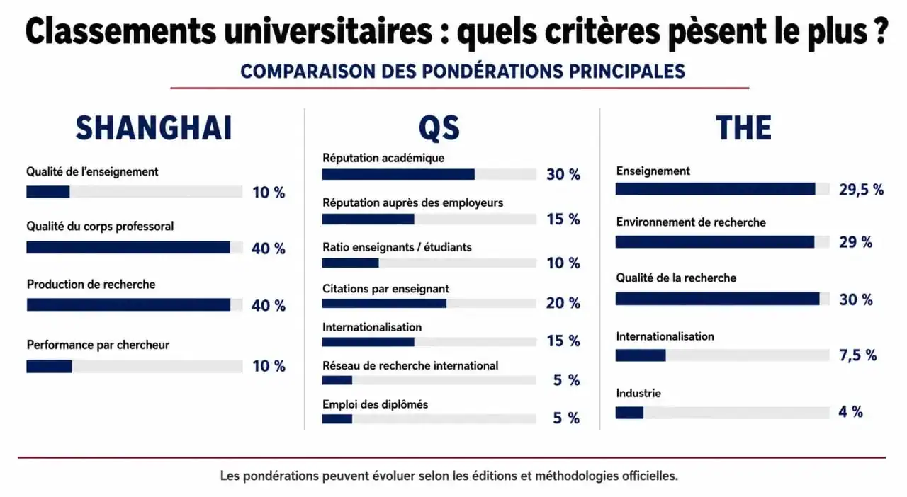Infographie comparative des critères des classements mondiaux des universités Shanghai, QS et THE