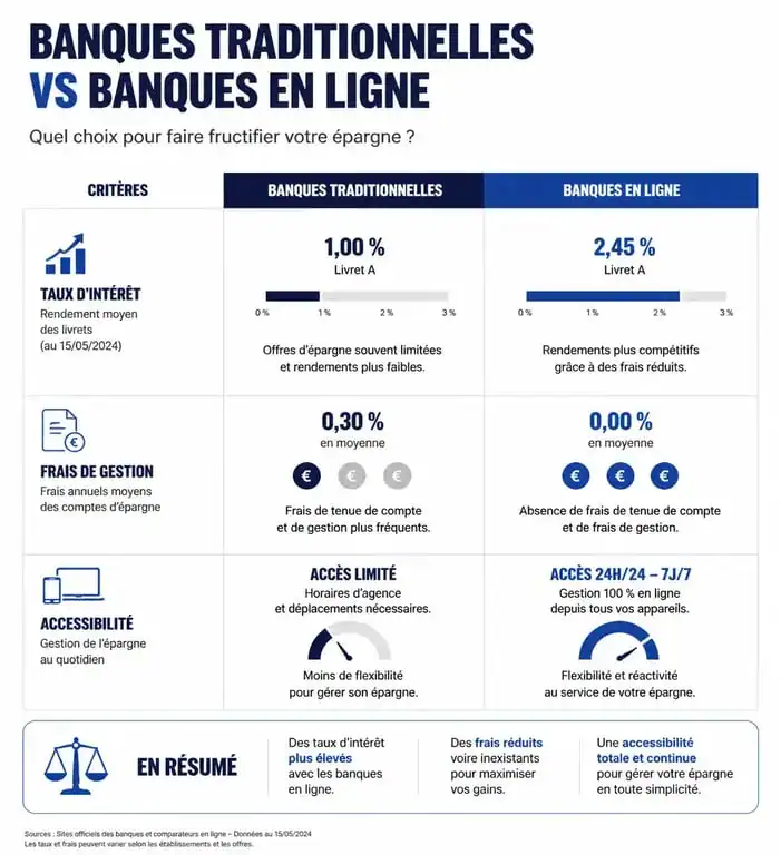 Infographie comparative des rendements et frais entre banque traditionnelle et banque en ligne pour placer son argent