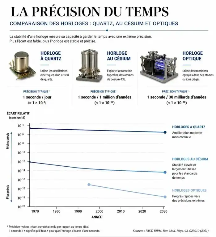 Comparatif de précision entre horloge à quartz, horloge atomique au césium et horloge optique