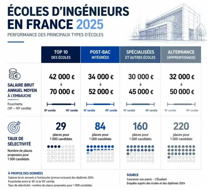 Infographie comparative des indicateurs de performance des écoles d'ingénieurs 2025 : salaires et sélectivité