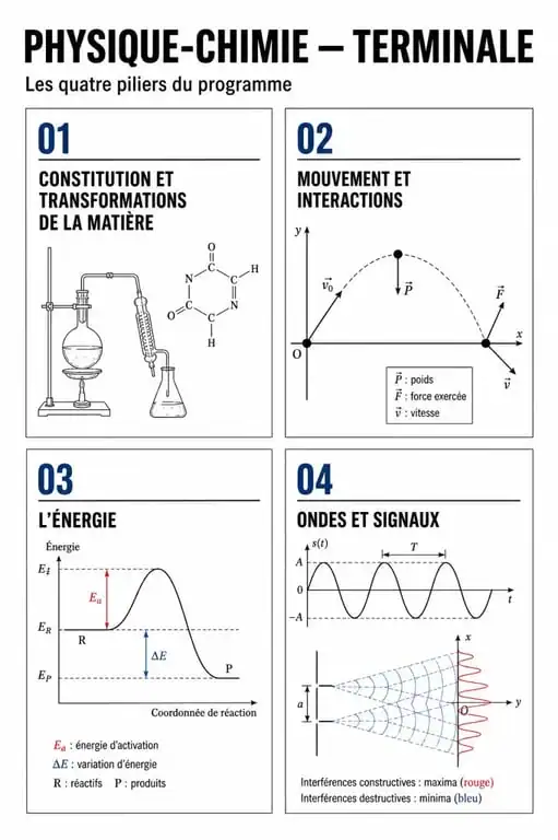 Infographie des quatre piliers du programme de physique-chimie en terminale
