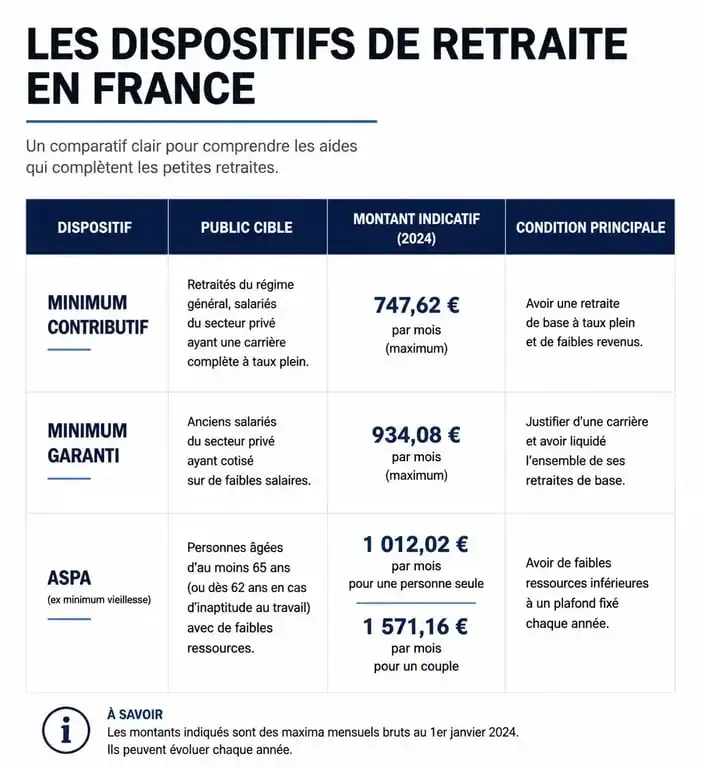 Tableau comparatif des dispositifs de minimum retraite garanti en France : MiCo, MiGa et ASPA