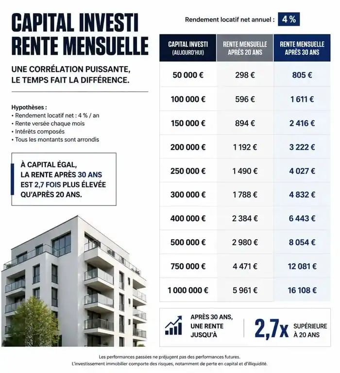 Infographie montrant le capital nécessaire pour obtenir une rente mensuelle selon la durée du placement.