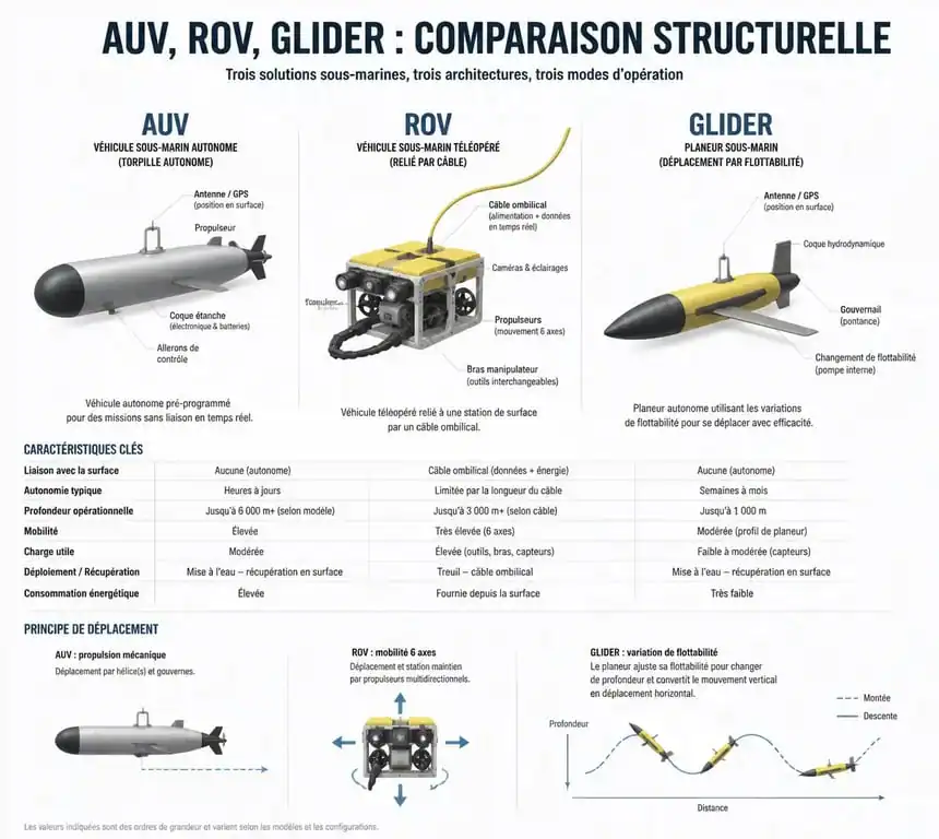 Schéma comparatif des types de robots sous-marins : AUV, ROV et Glider