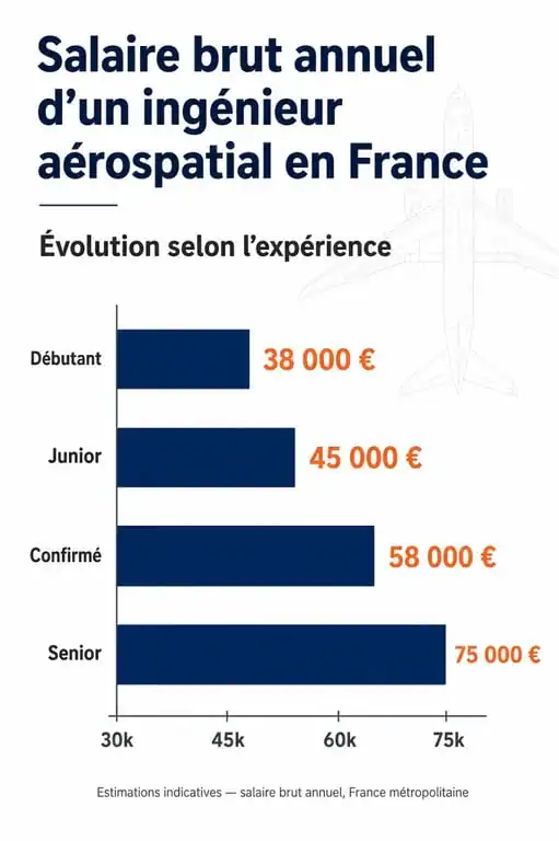 Évolution du salaire brut annuel d'un ingénieur aérospatial en France selon l'expérience