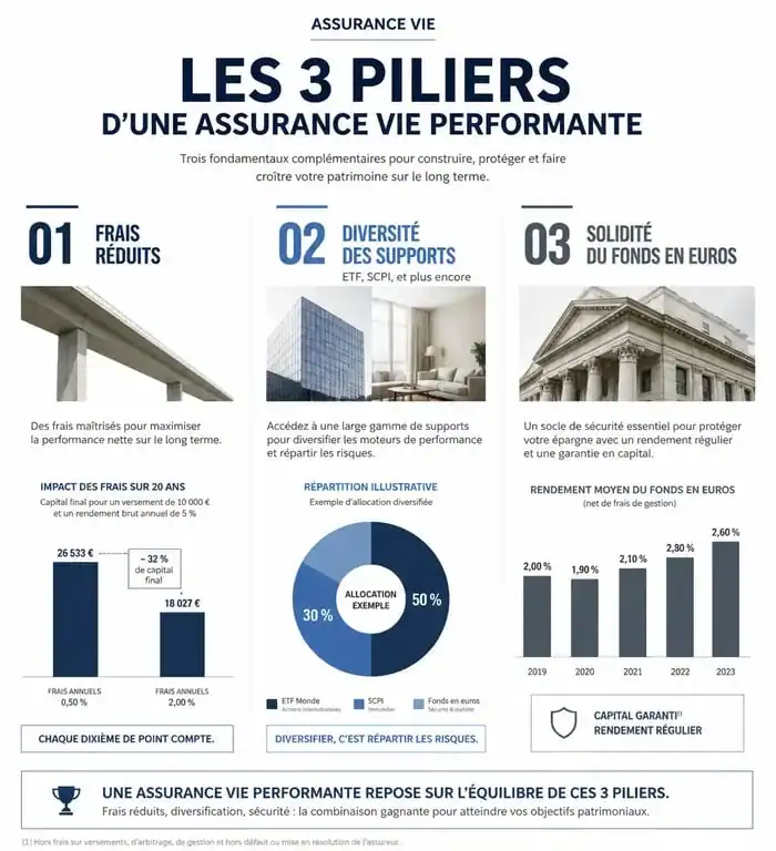 Infographie des trois piliers pour optimiser son assurance vie et maximiser la performance de son épargne.