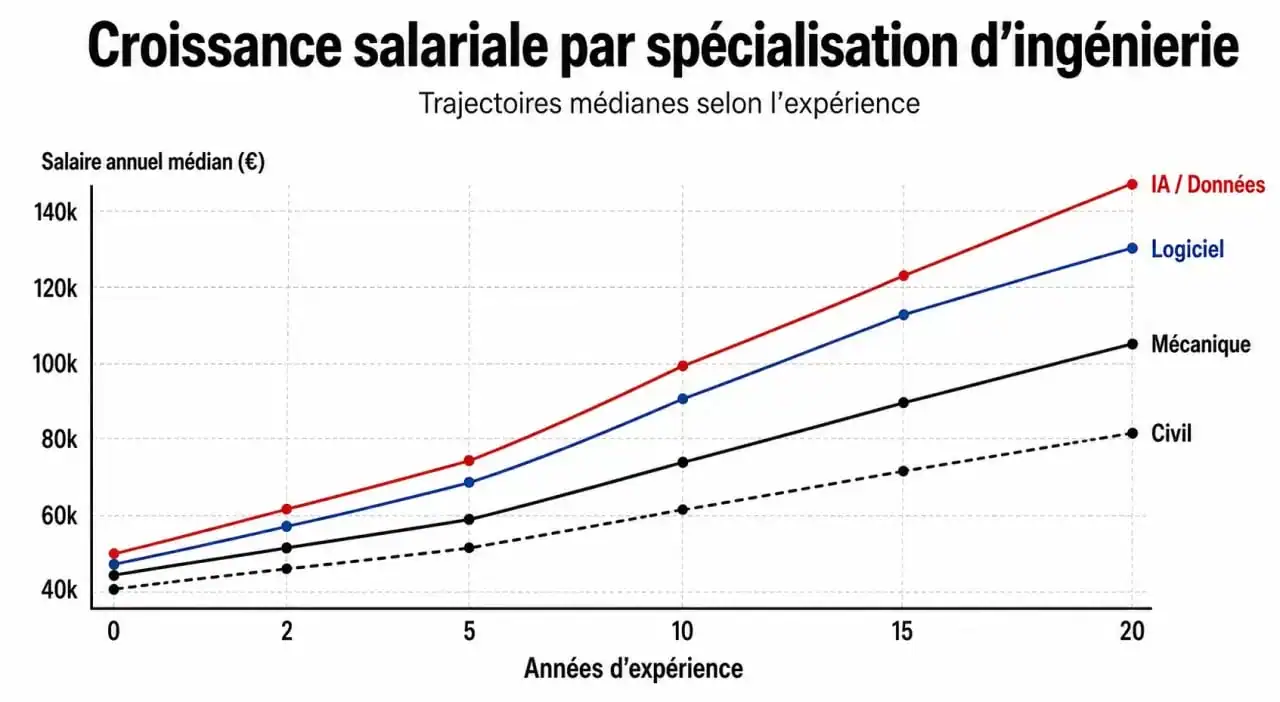 Graphique comparatif des salaires par type d'ingénieur le mieux payé en France