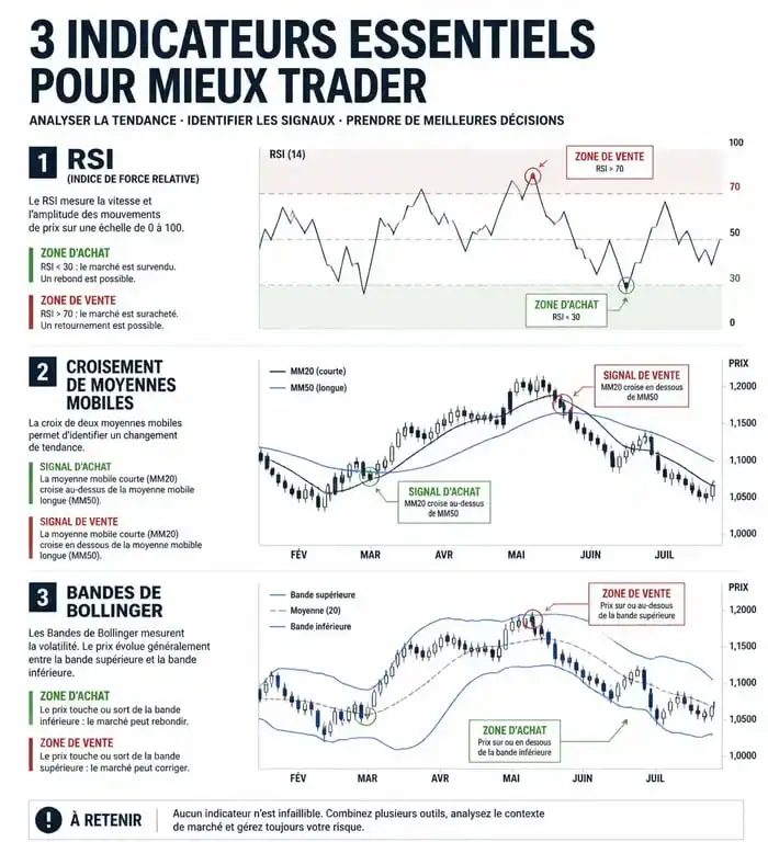 Infographie explicative des signaux de trading techniques comme le RSI et les moyennes mobiles