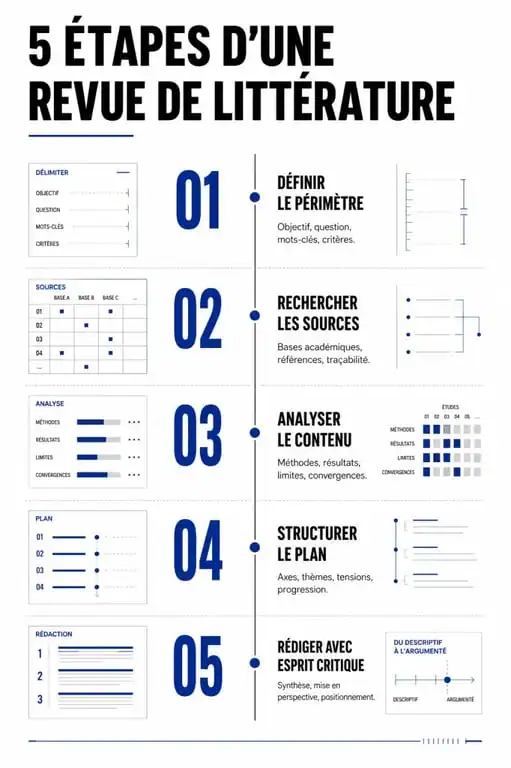 Infographie des 5 étapes pour réussir une revue de littérature académique