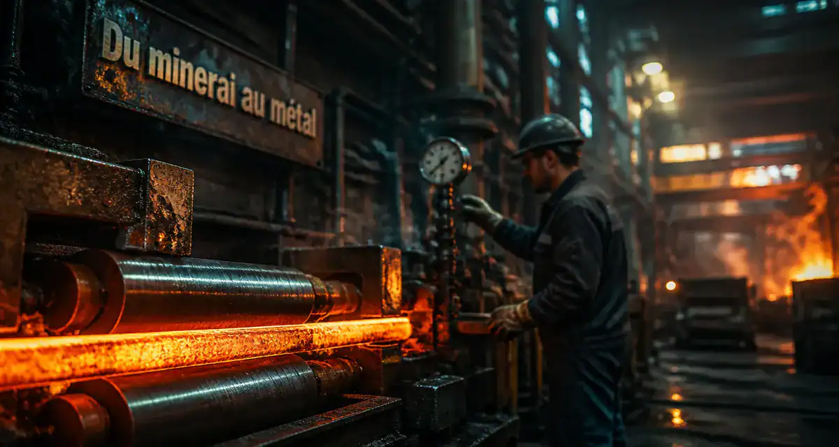 Métallurgie def : acier laminé rouge-or, usine sidérurgique, cylindres de laminage.