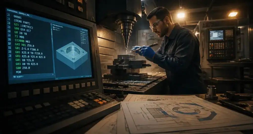 Métier fraiseur : contrôle pièce sur fraiseuse CNC, atelier d’usinage