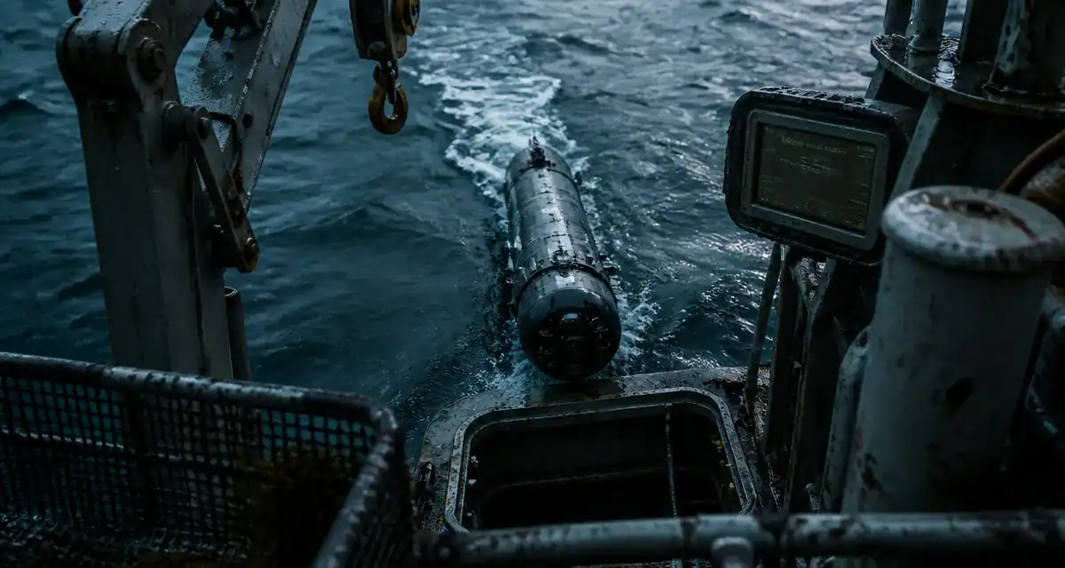 Robot sous marin autonome Blue Whale près d’une trappe sur le pont du navire