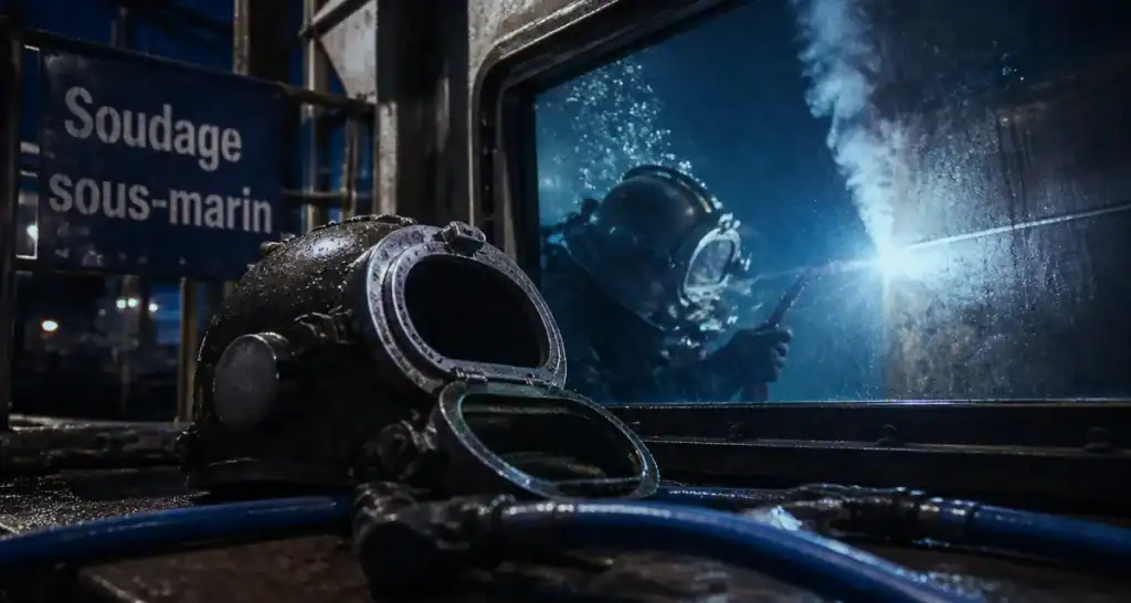 Soudeur sous marin en scaphandre soudant une coque acier sous l’eau