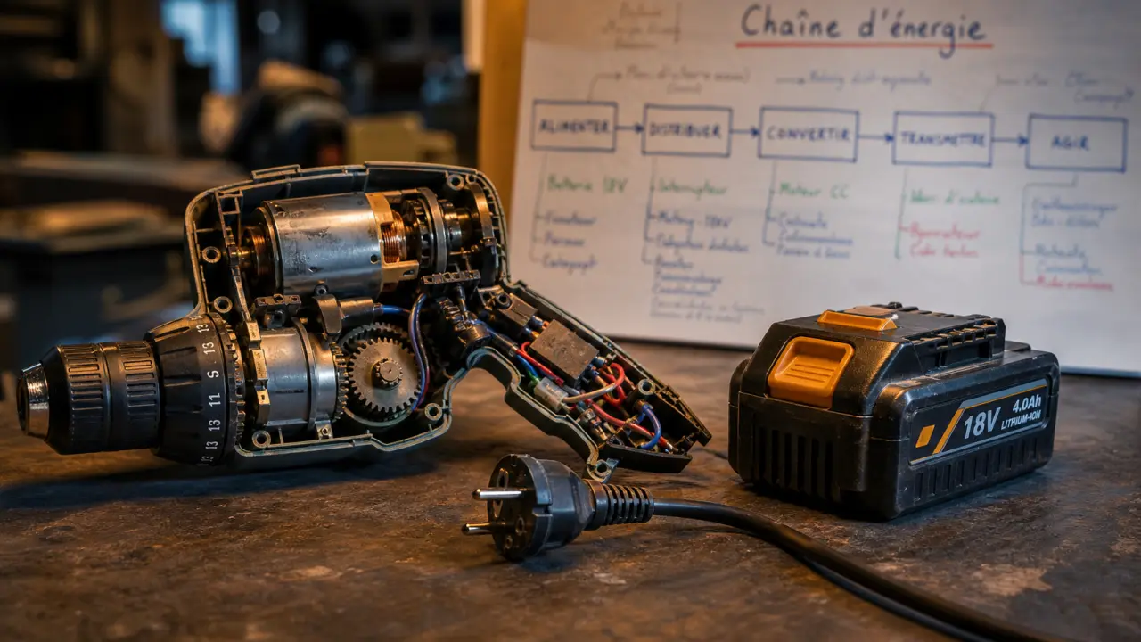 Chaîne d énergie : perceuse ouverte et schéma de diagnostic technique