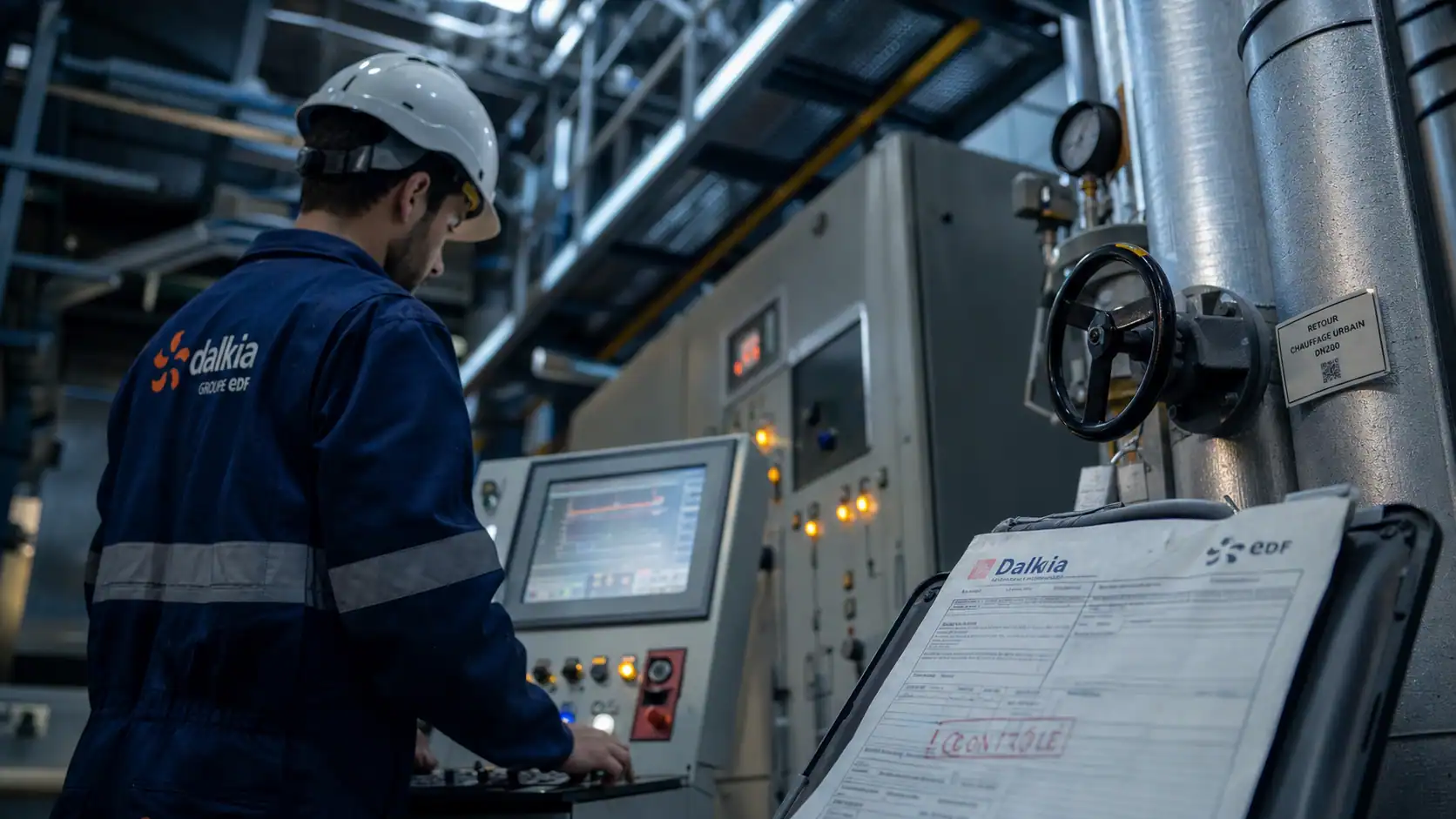 Dalkia et EDF : technicien en chaufferie moderne, pupitre contrôle