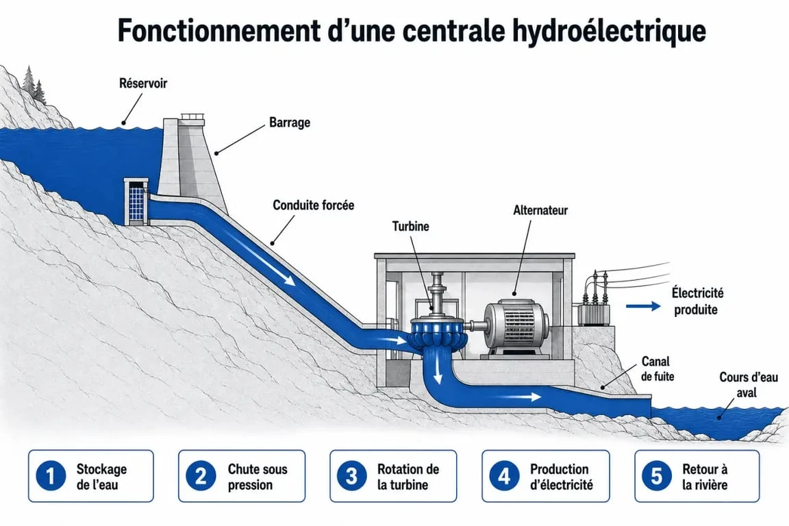 Centrales hydraulique : schéma simplifié du parcours de l’eau dans une centrale hydroélectrique avec barrage, conduite forcée, turbine et alternateur