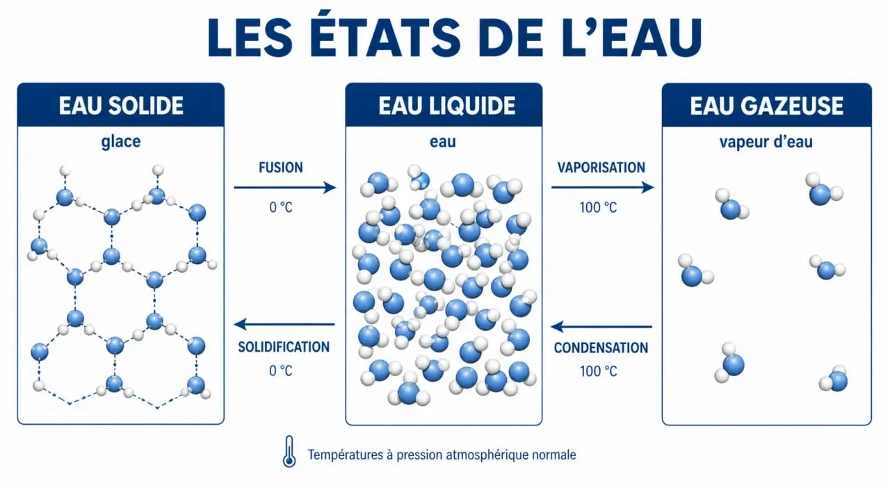 État de l’eau : schéma des 3 états physiques et des changements d’état