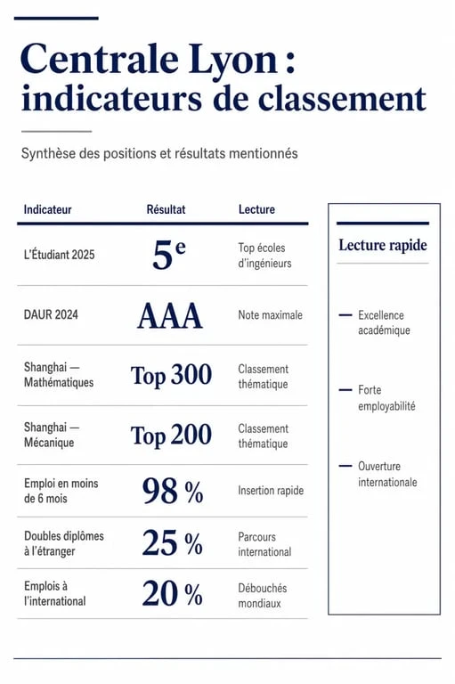 Infographie sur le centrale lyon classement avec les principaux chiffres clés et positions dans les palmarès