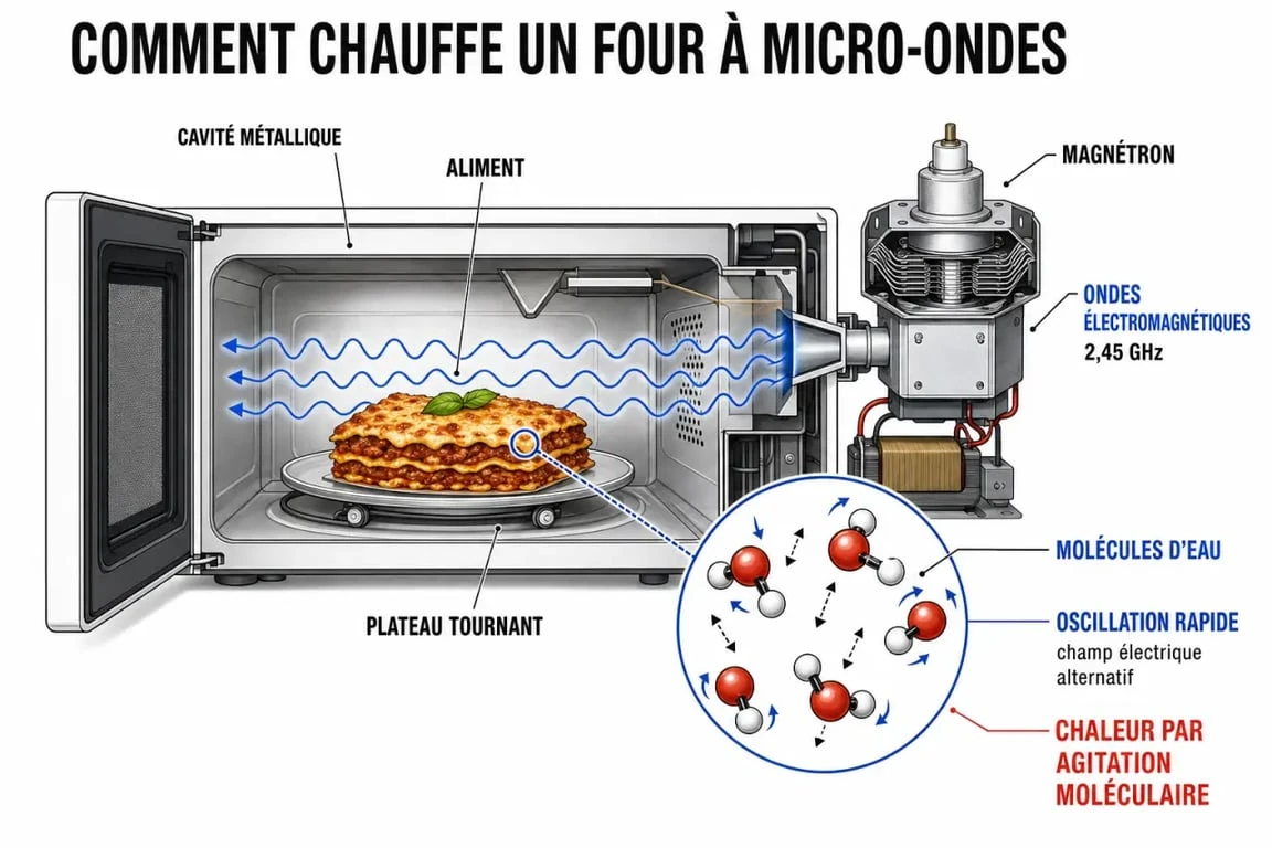 Schéma explicatif du fonctionnement d'un four à micro-ondes et de l'agitation moléculaire
