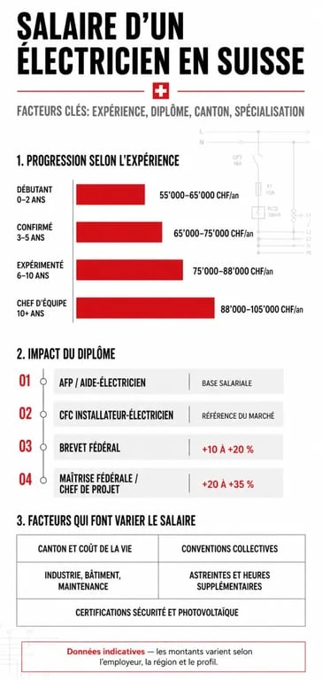 Infographie sur les facteurs déterminants du salaire d'un électricien en Suisse selon l'expérience et la spécialisation