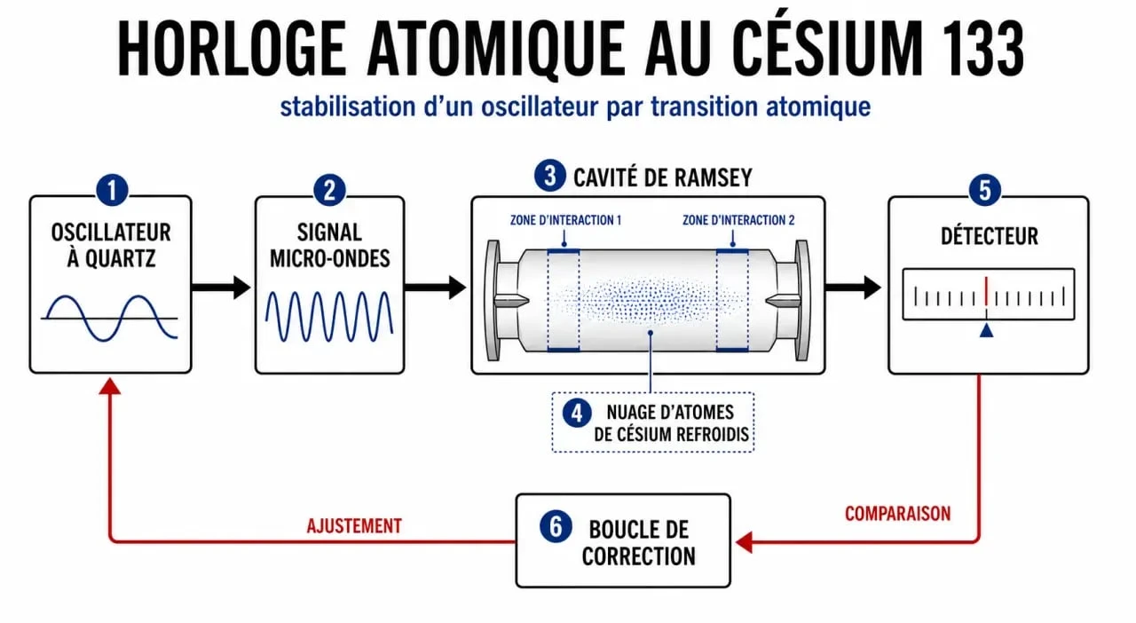 Schéma d’une horloge atomique montrant le fonctionnement d’une horloge atomique au césium 133
