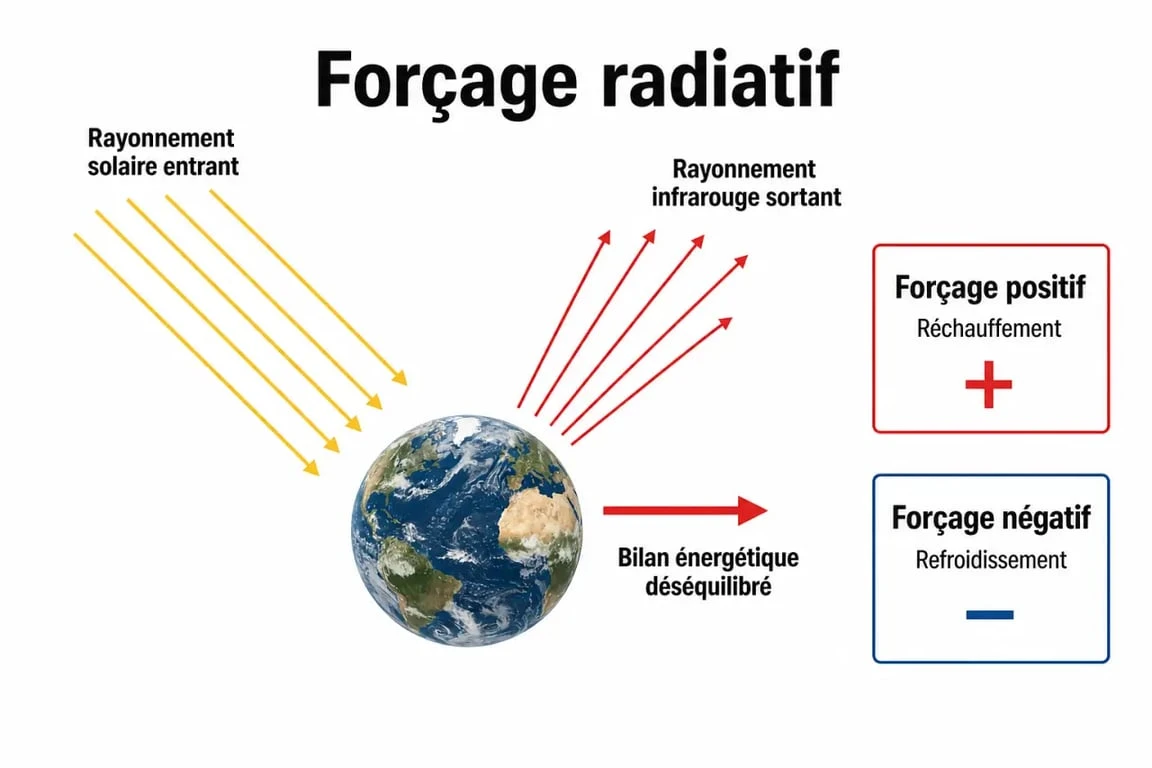 Schéma du forçage radiatif def montrant l’énergie reçue et renvoyée par la Terre