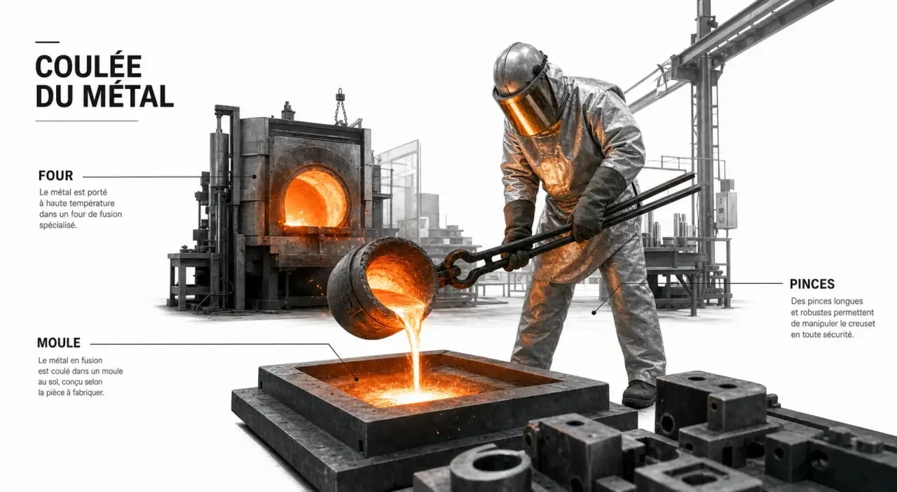 Fondeur métier en train de couler du métal en fusion dans une fonderie