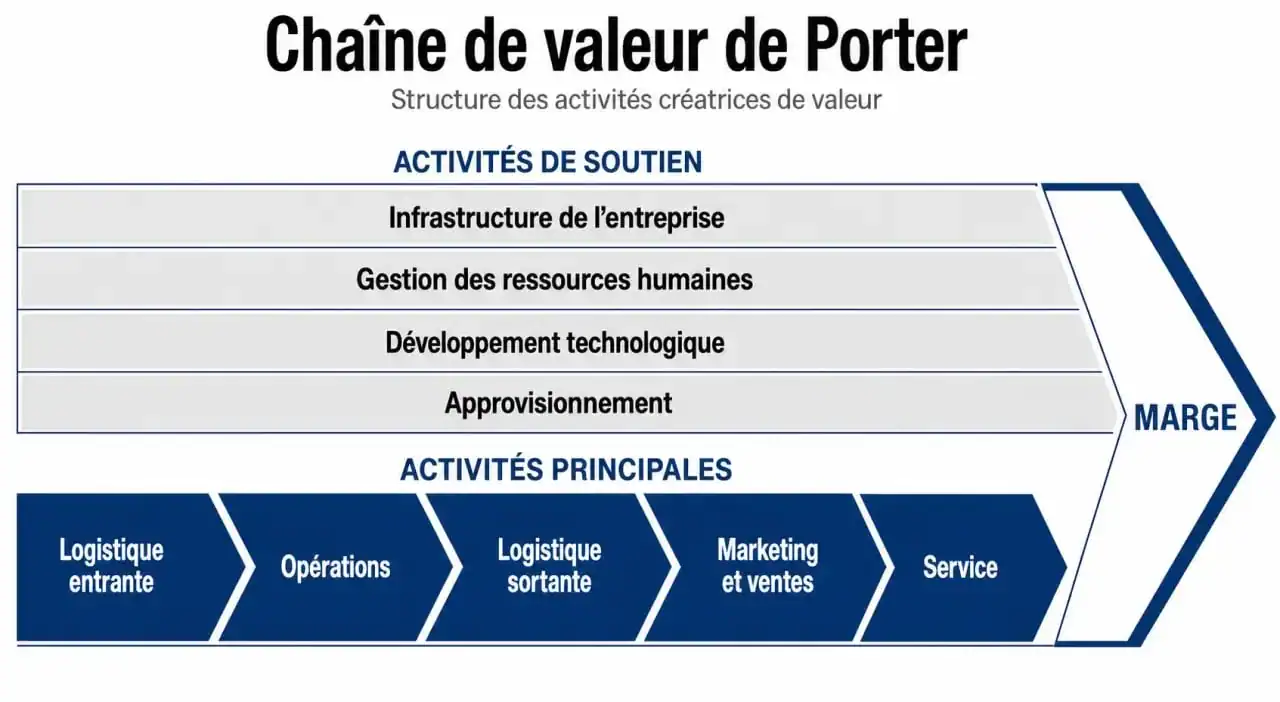 Schéma de la chaîne de valeur de Michael Porter illustrant les activités principales et de soutien pour une entreprise.