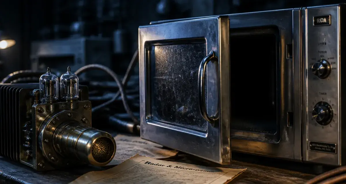 Micro ondes invention : four radar des années 40, magnétron en gros plan