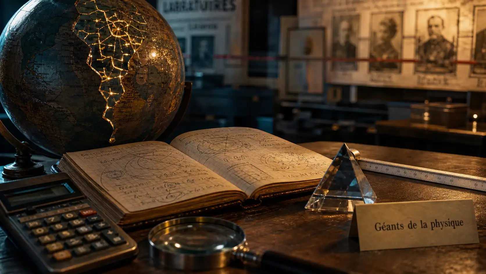 Physicien célèbre : Newton, Curie, Einstein, révolution scientifique, globe et équations