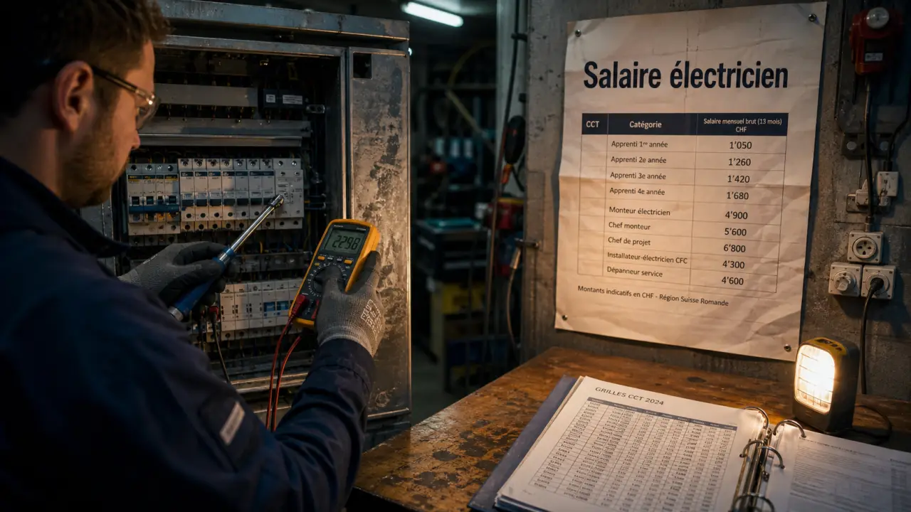 Salaire electricien suisse : électricien vérifie un tableau électrique en atelier