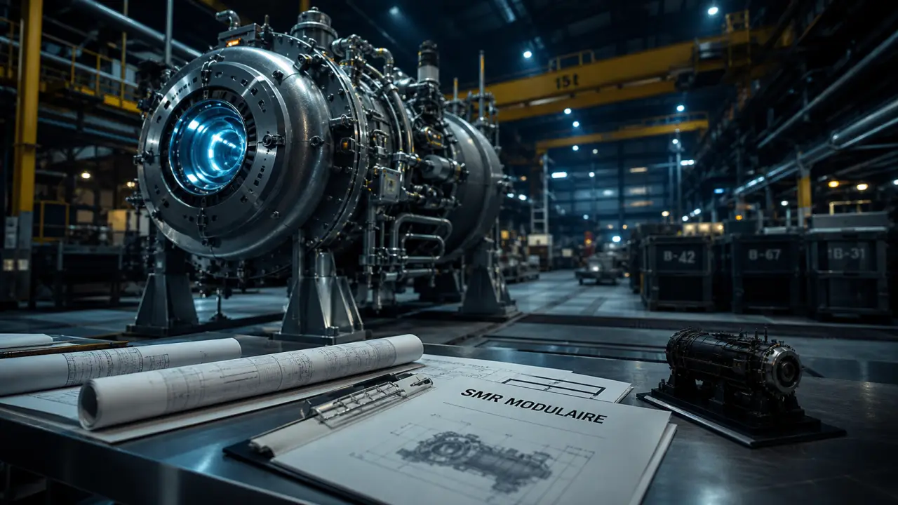 SMR nucléaire : module compact en atelier industriel