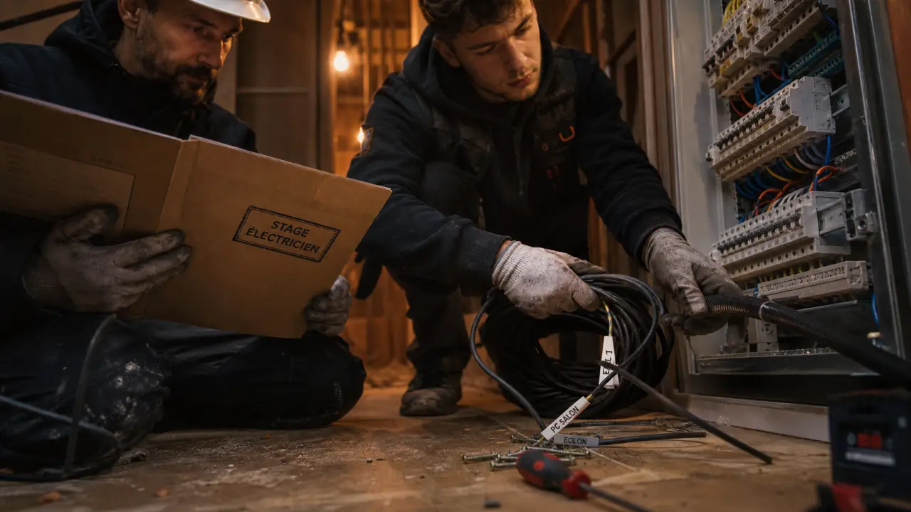 Stage electricien : stagiaire câble vers tableau électrique, tuteur