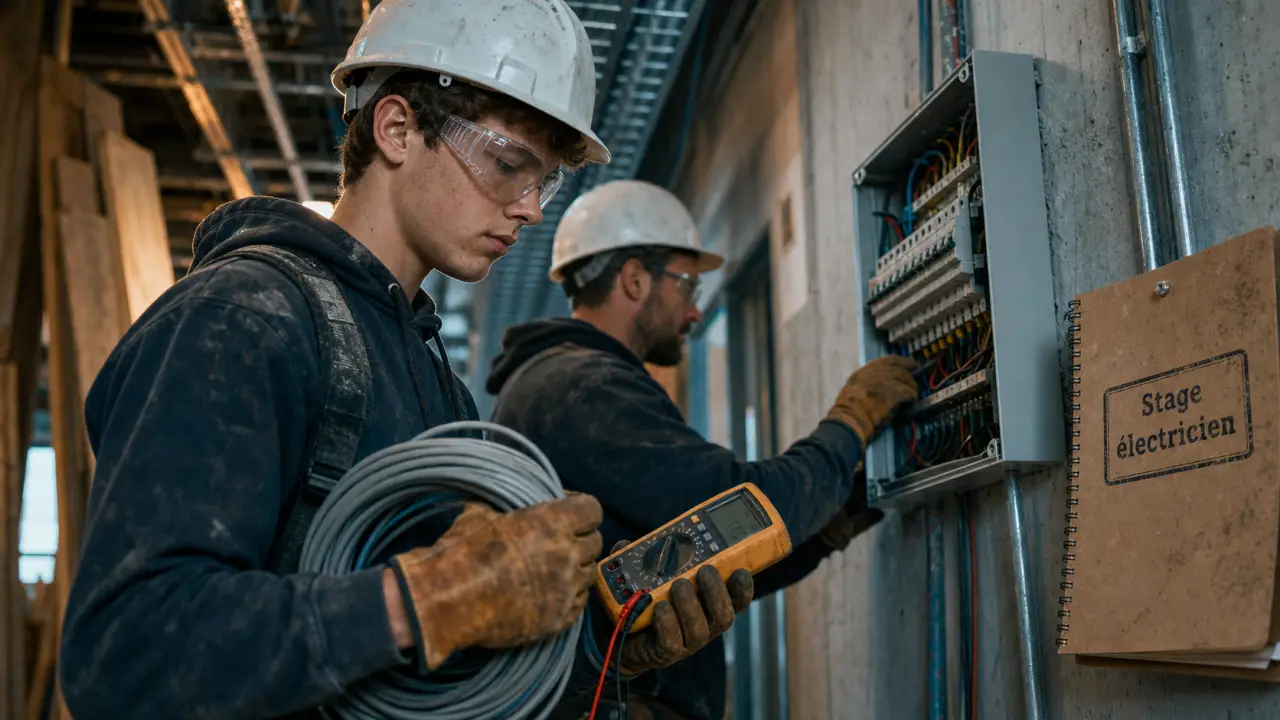 Stage electricien sur chantier : stagiaire gants et multimètre, tableau électrique ouvert