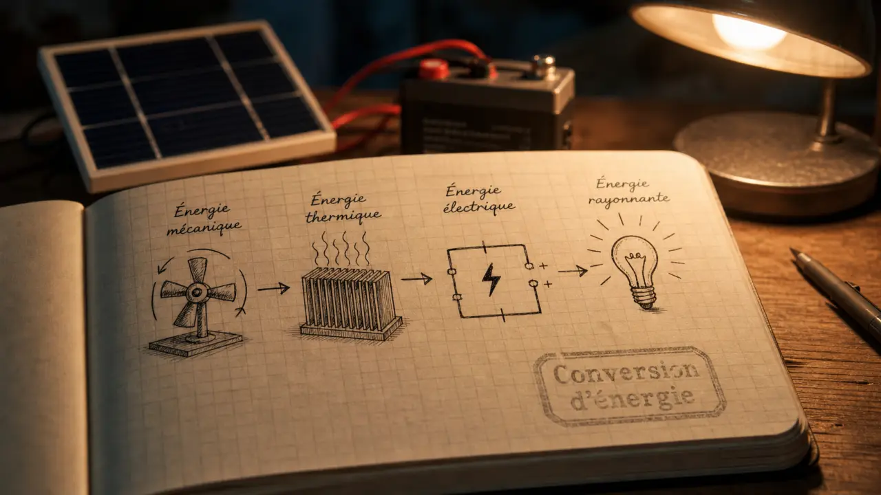 Types d'energie : conversions d’énergie sur un carnet (mécanique, thermique, électrique, rayonnante)