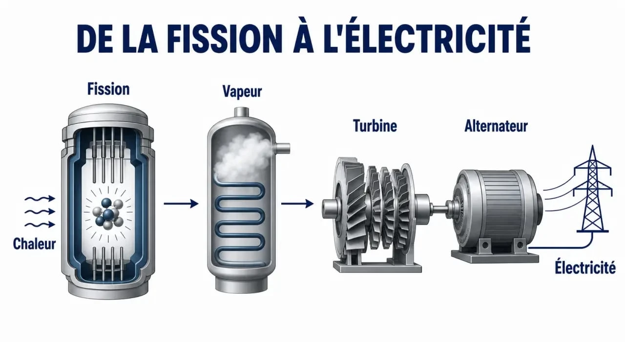 Définition d énergie nucléaire : schéma simplifié du fonctionnement d’une centrale, du noyau d’uranium à l’électricité