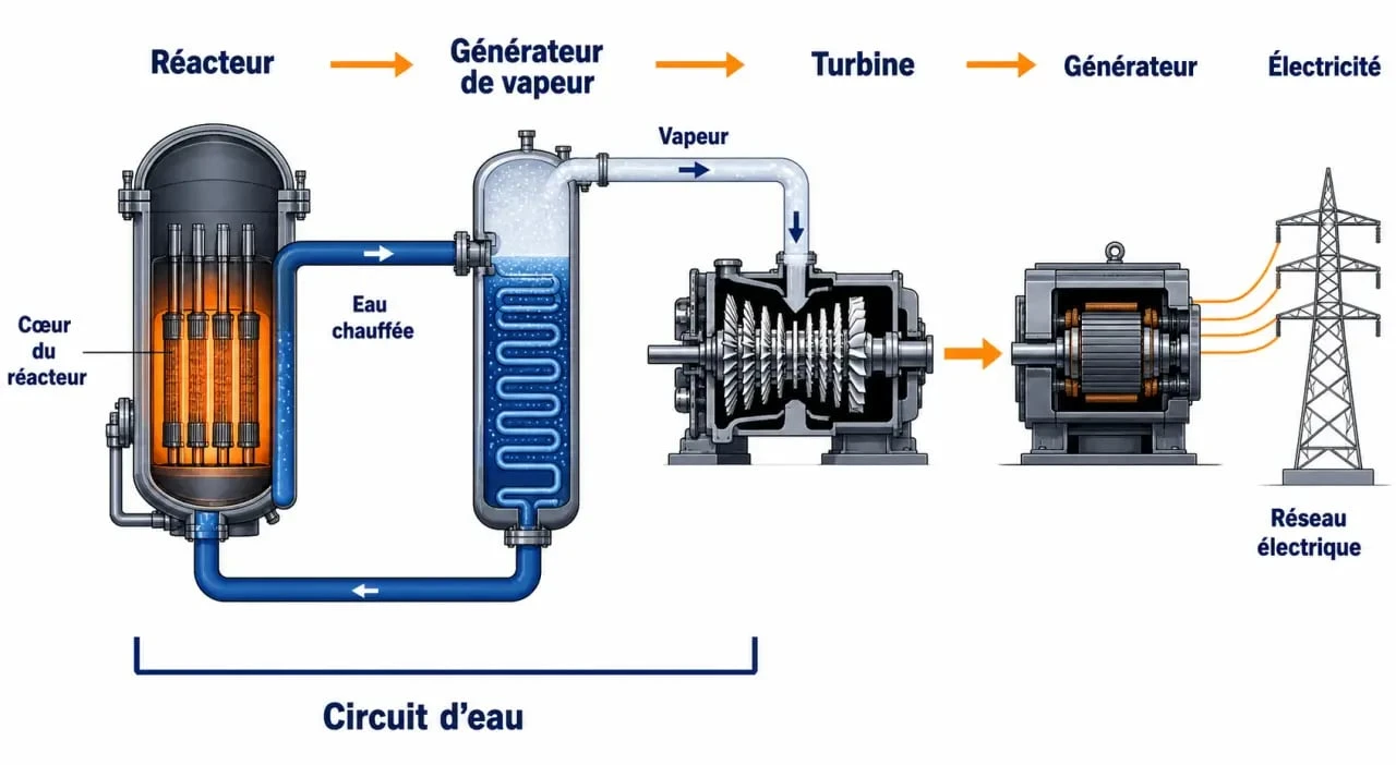 Énergie nucléaire : schéma simplifié du fonctionnement d’une centrale du réacteur à la turbine