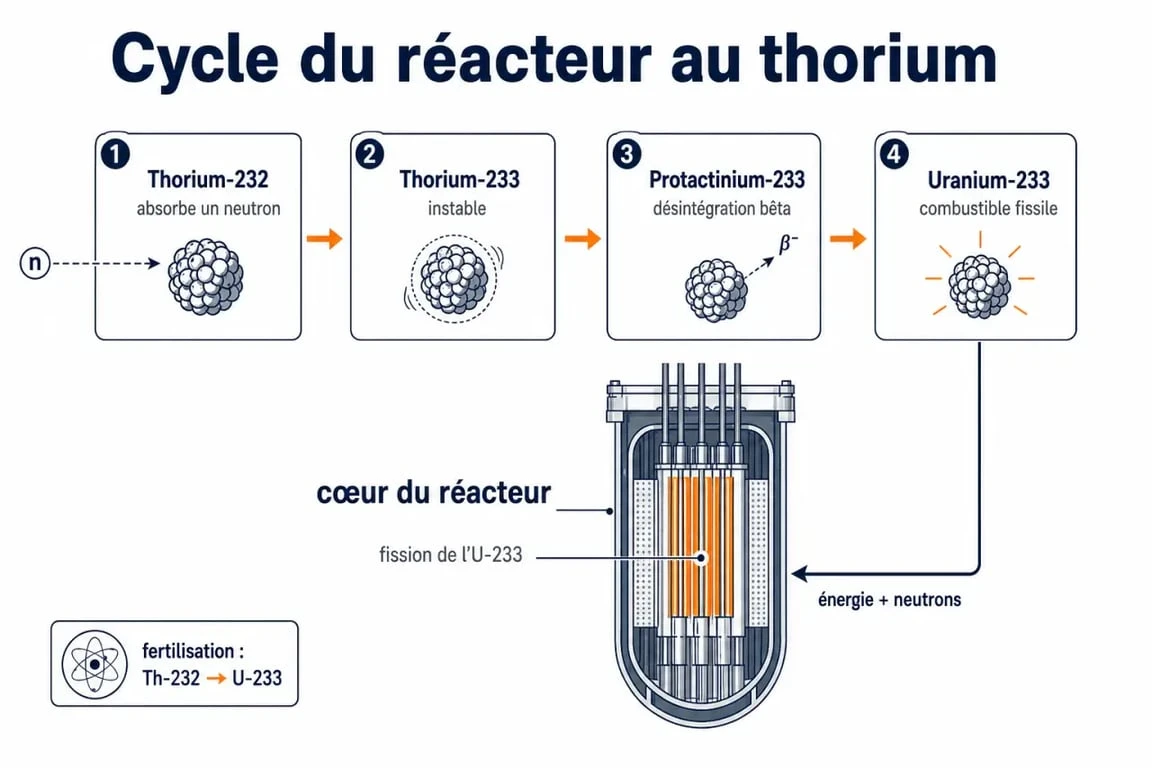 Schéma du réacteur au thorium montrant le cycle thorium-232 vers uranium-233