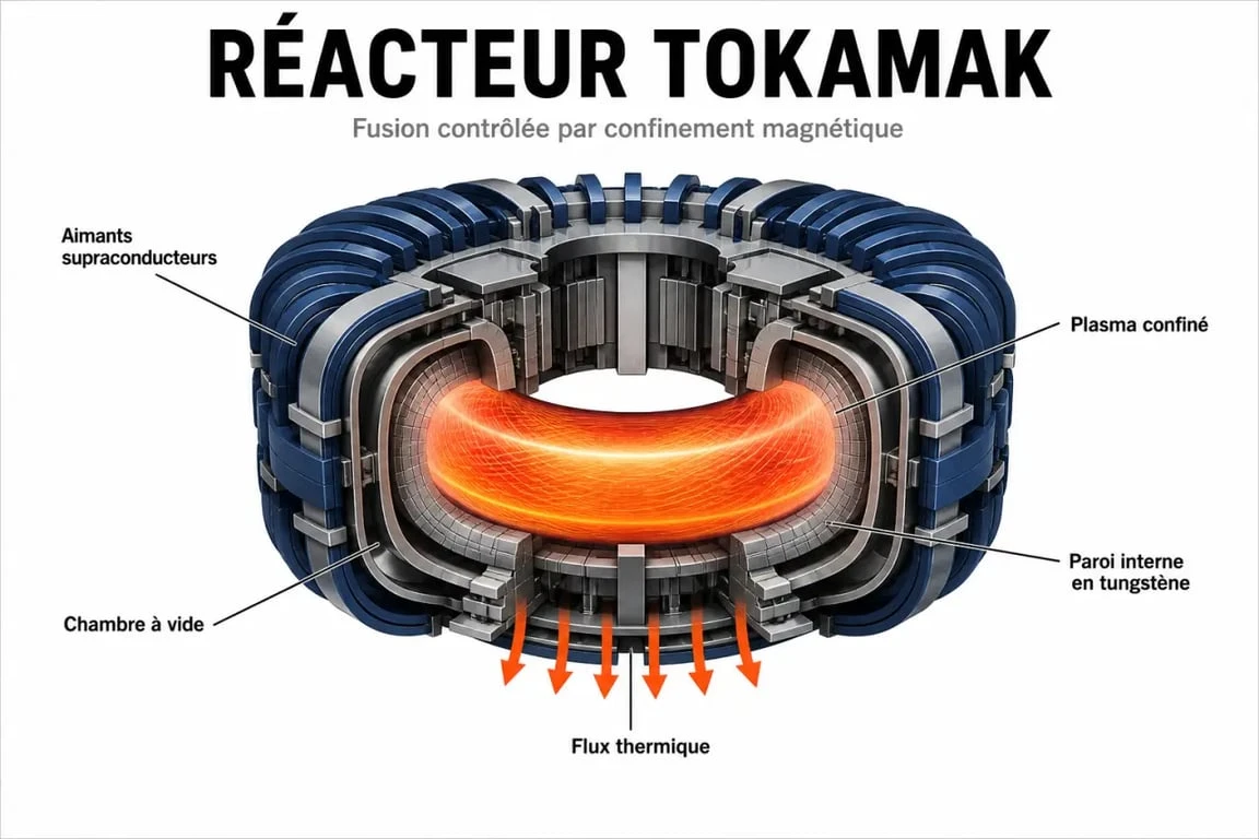 Schéma d’un réacteur à fusion montrant le plasma et les aimants d’un tokamak