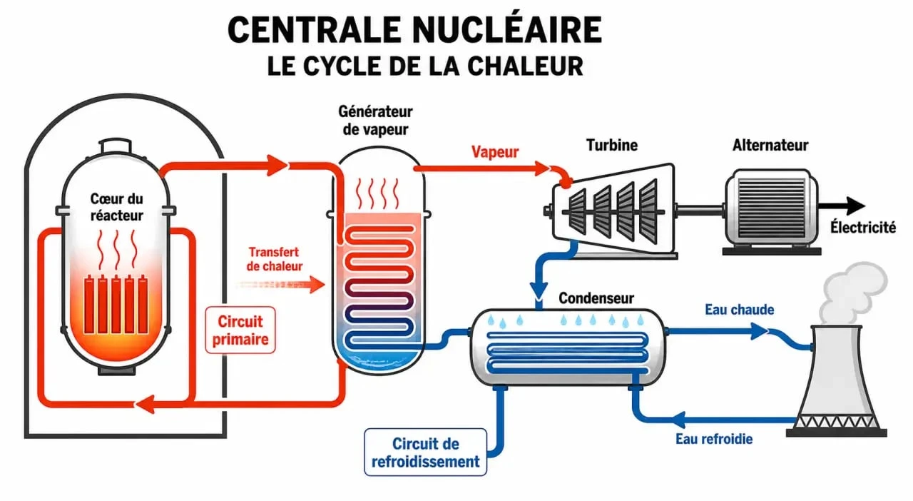 Schéma énergie nucléaire avantages et inconvénients montrant le fonctionnement d’un réacteur