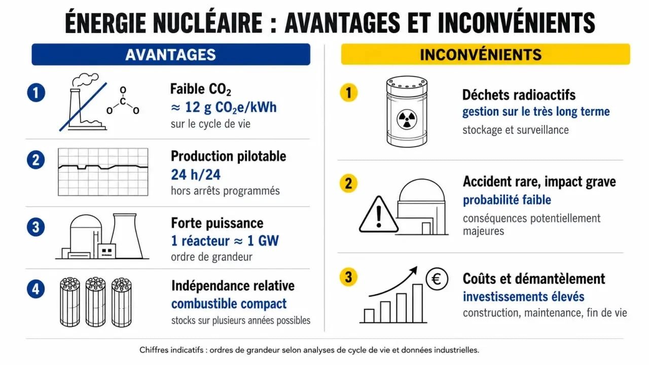 Infographie énergie nucléaire avantages et inconvénients avec comparaison CO2, pilotabilité, déchets et coûts