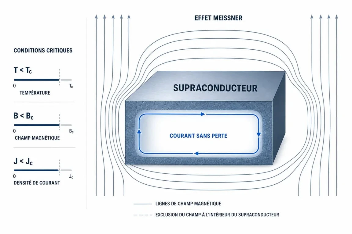 Supraconducteur : schéma de l’effet Meissner et des seuils critiques